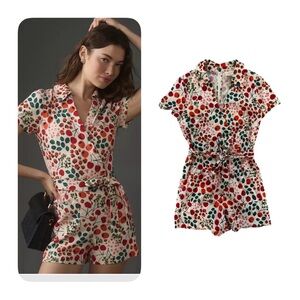Anthropologie Maeve Linen Short-Sleeve Wrap Romper Cherries Berries